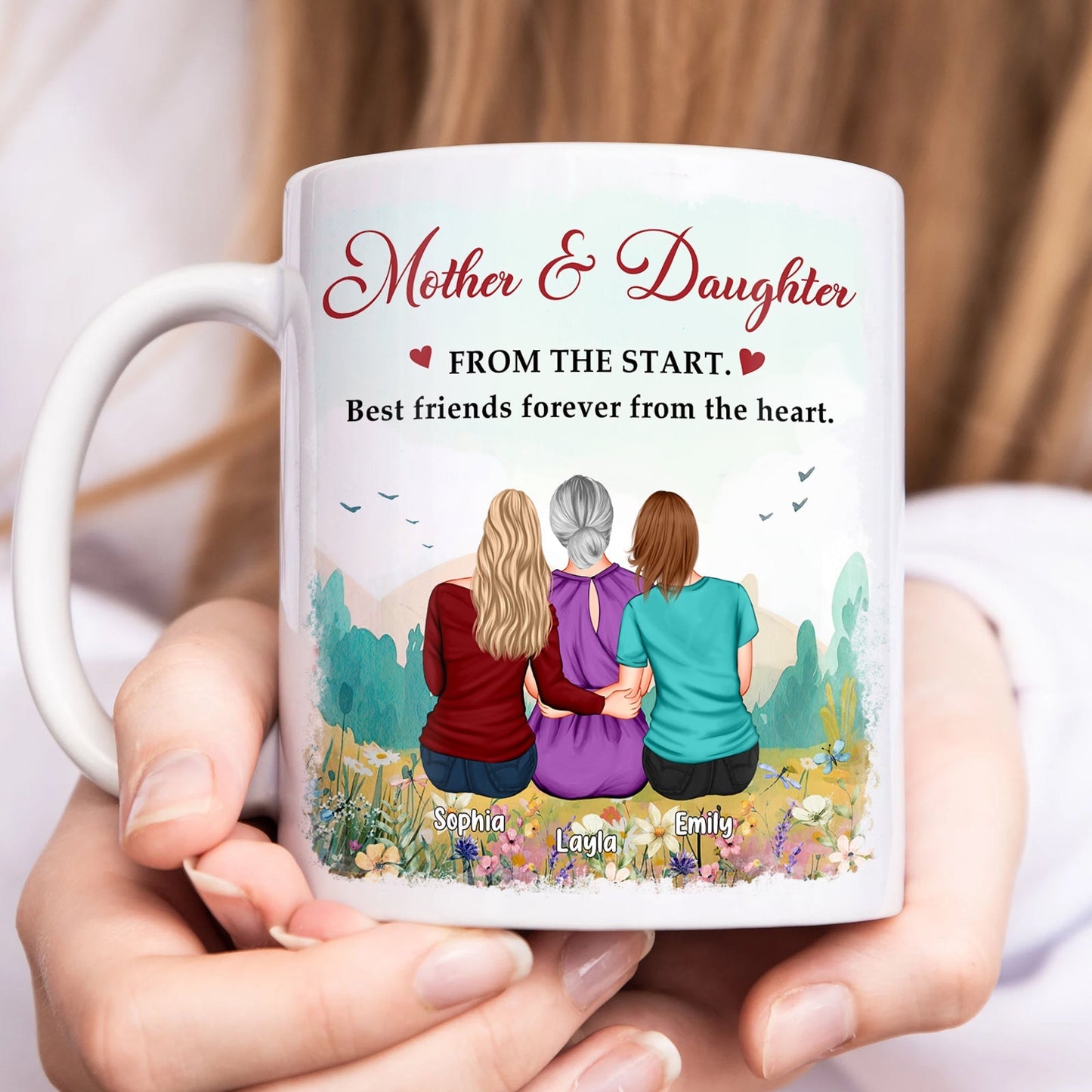 Personalized mother daughter mug featuring three figures with names and heartfelt message