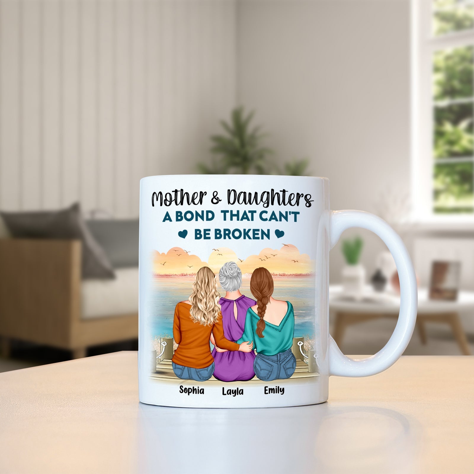 Personalized mother daughter mug featuring three women by the ocean with custom names for a heartfelt gift
