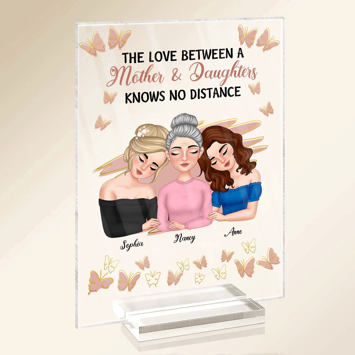 Personalized mother daughter plaque featuring three girls with the text about love and distance