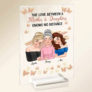 Personalized mother daughter plaque featuring three girls with the text about love and distance