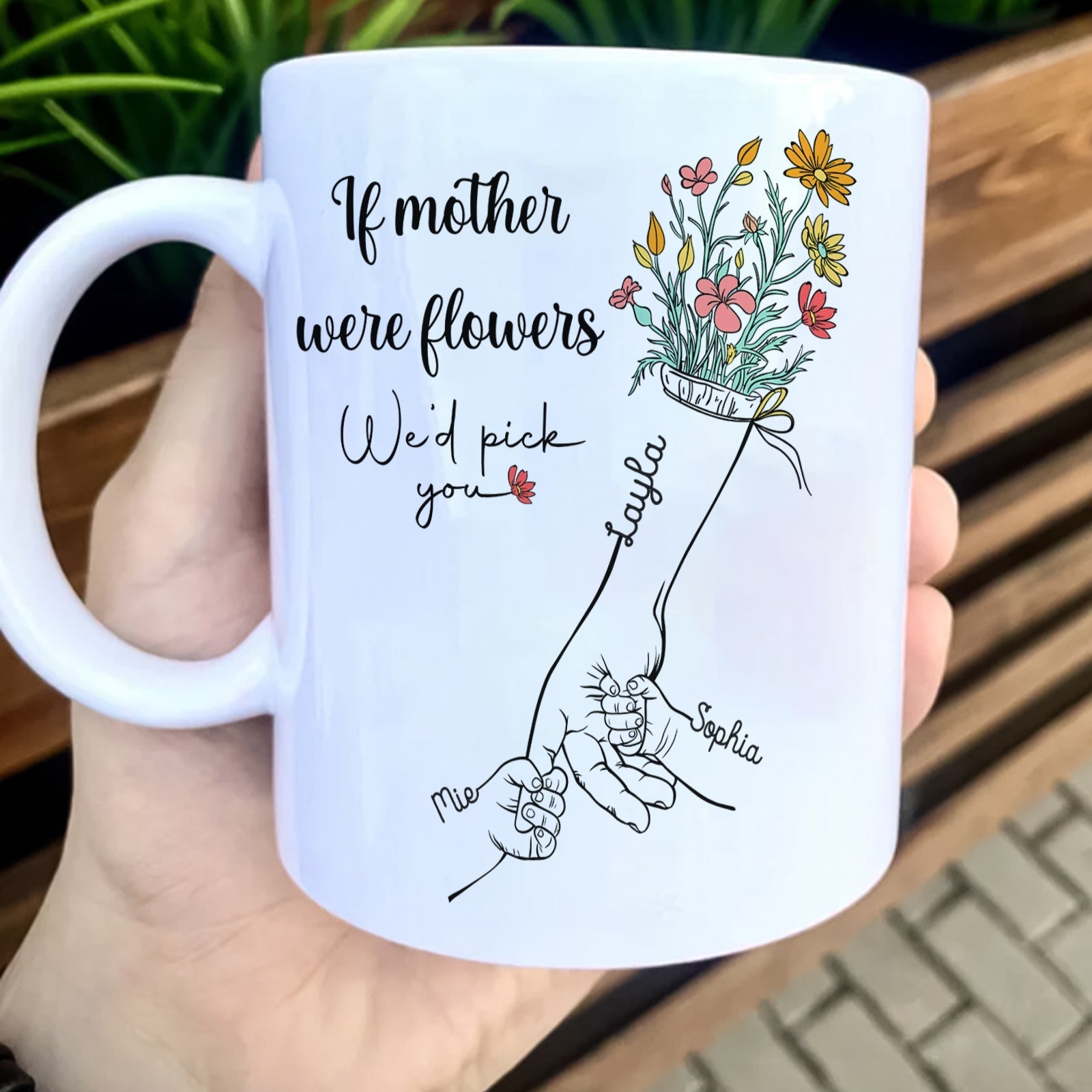 Personalized mother mug with floral design and hand-drawn names for a special gift