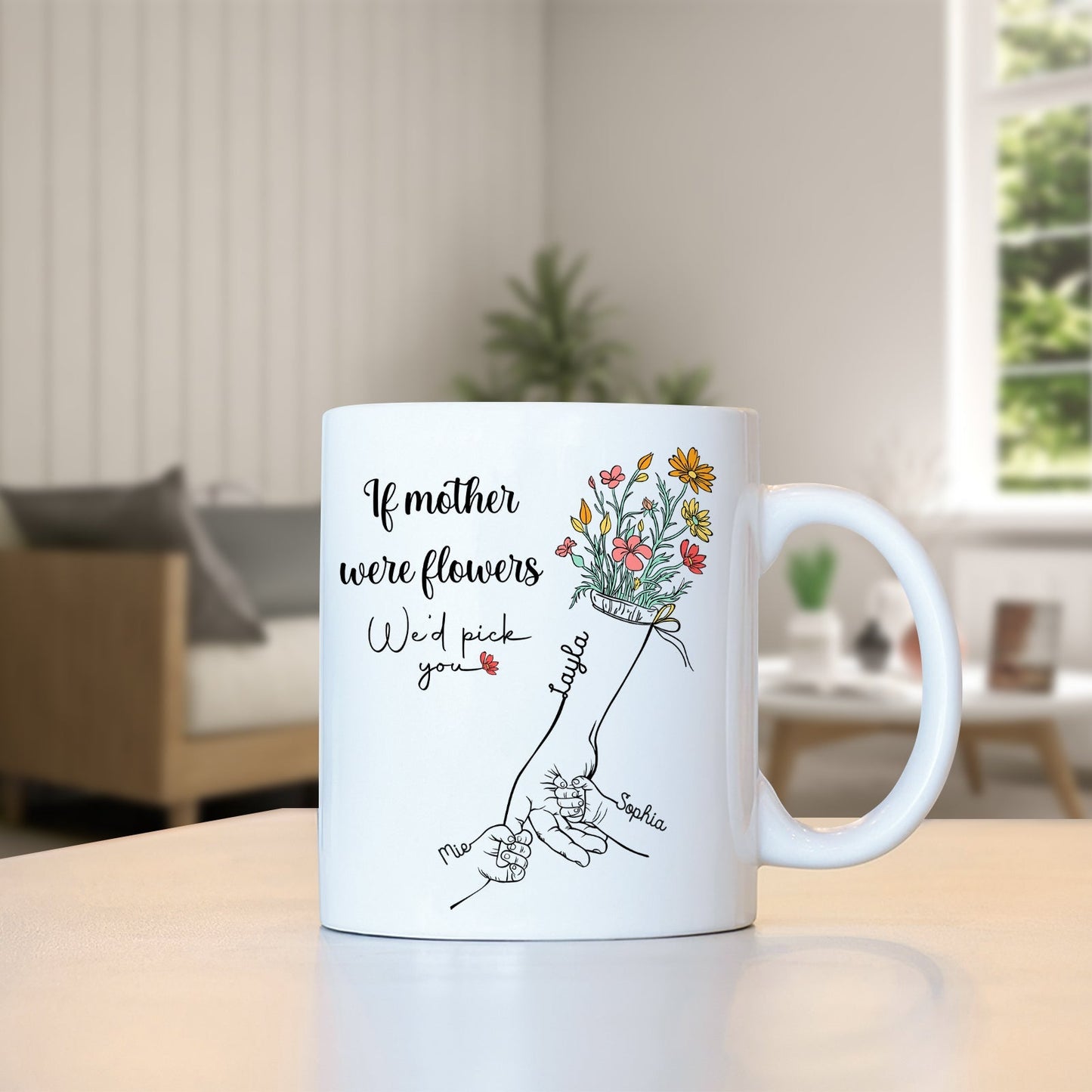 Personalized mother mug with flower design and customizable names for a thoughtful gift