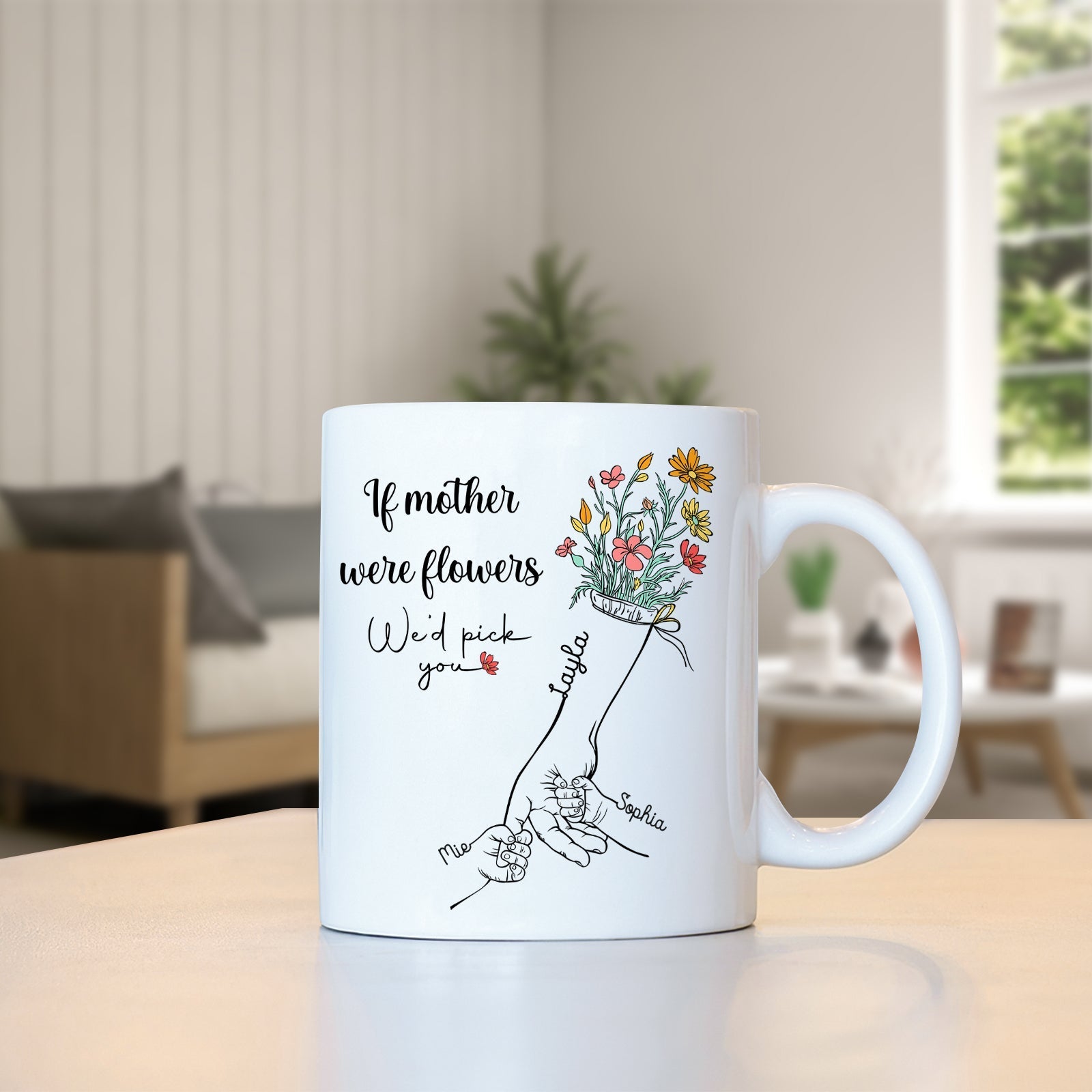 Personalized mother mug with flower design and customizable names for a thoughtful gift