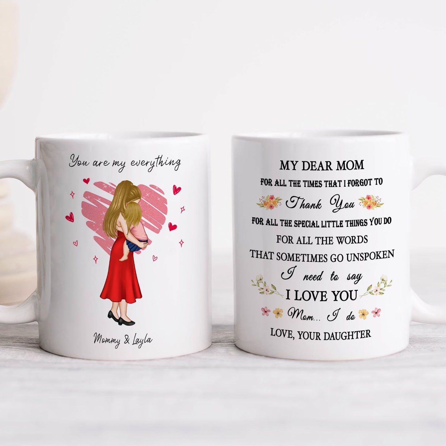 Personalized mother mug featuring heartfelt messages and an illustration of a daughter hugging her mom