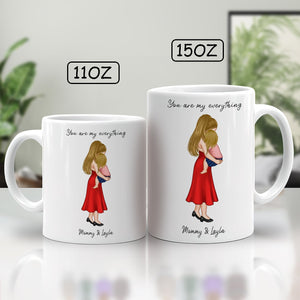 Two sizes of a personalized mother mug with the text You are my everything featuring a mother and child illustration