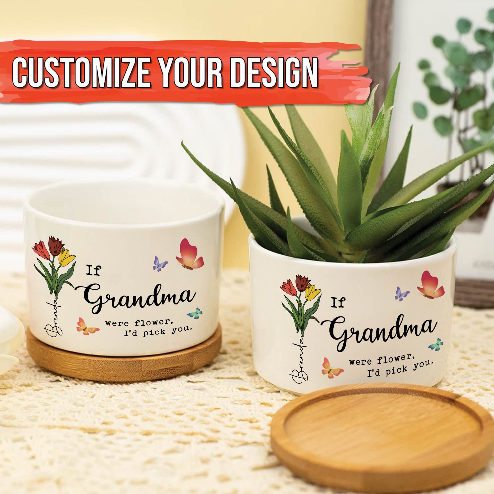 Personalized mother plant pot with floral design and customizable text for a unique gift