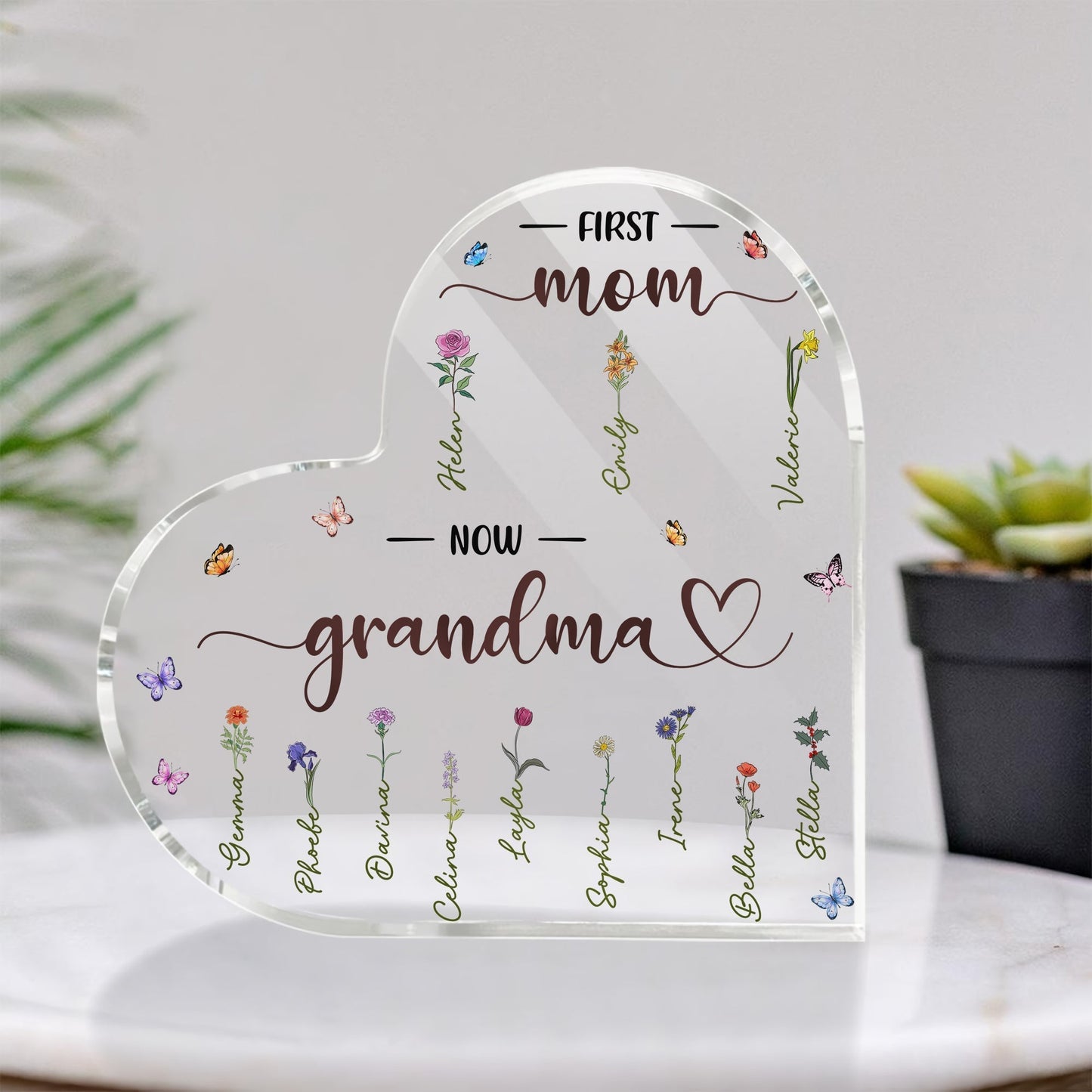 Personalized mother plaque in heart shape with floral design and names engraved for a heartfelt gift