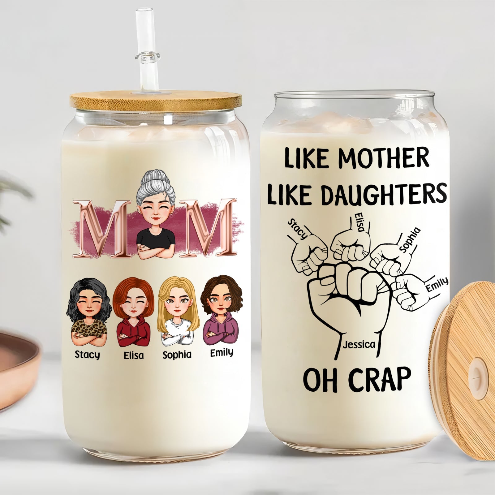 Personalized Mother's Day can glass featuring cartoon characters and humorous text for moms and daughters