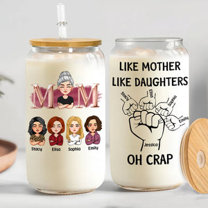 Personalized Mother's Day can glass featuring cartoon characters and humorous text for moms and daughters
