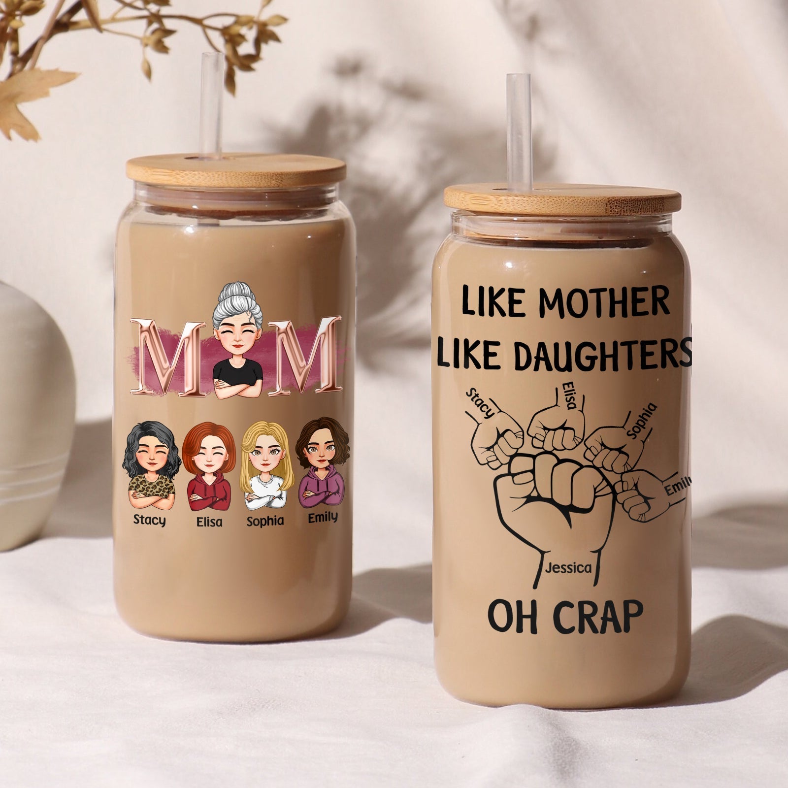 Personalized Mother's Day can glass featuring custom illustrations of daughters and funny quotes