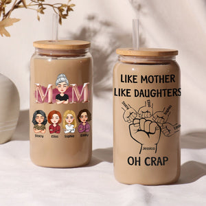 Personalized Mother's Day can glass featuring custom illustrations of daughters and funny quotes