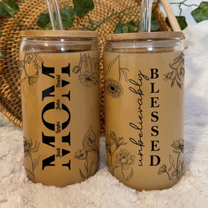 Personalized Mother's Day glass can with floral designs and custom names for a unique gift