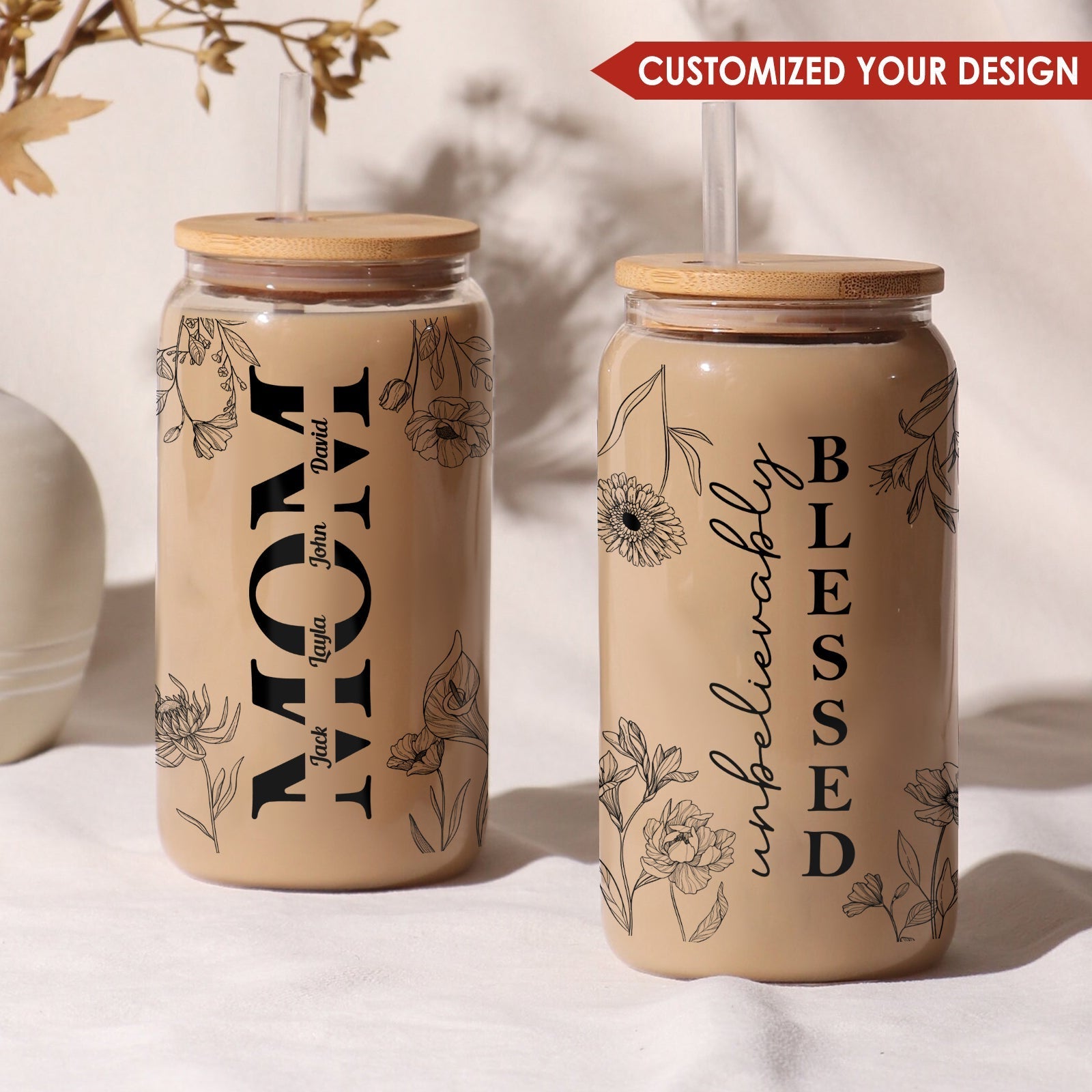 Personalized Mother's Day glass can featuring floral designs and a bamboo lid for a thoughtful gift