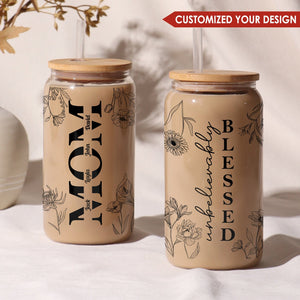 Personalized Mother's Day glass can featuring floral designs and a bamboo lid for a thoughtful gift