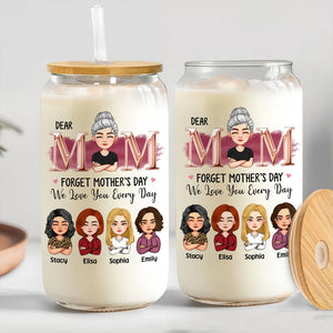 Personalized Mother's Day glass can with custom names and heartfelt message for a special gift