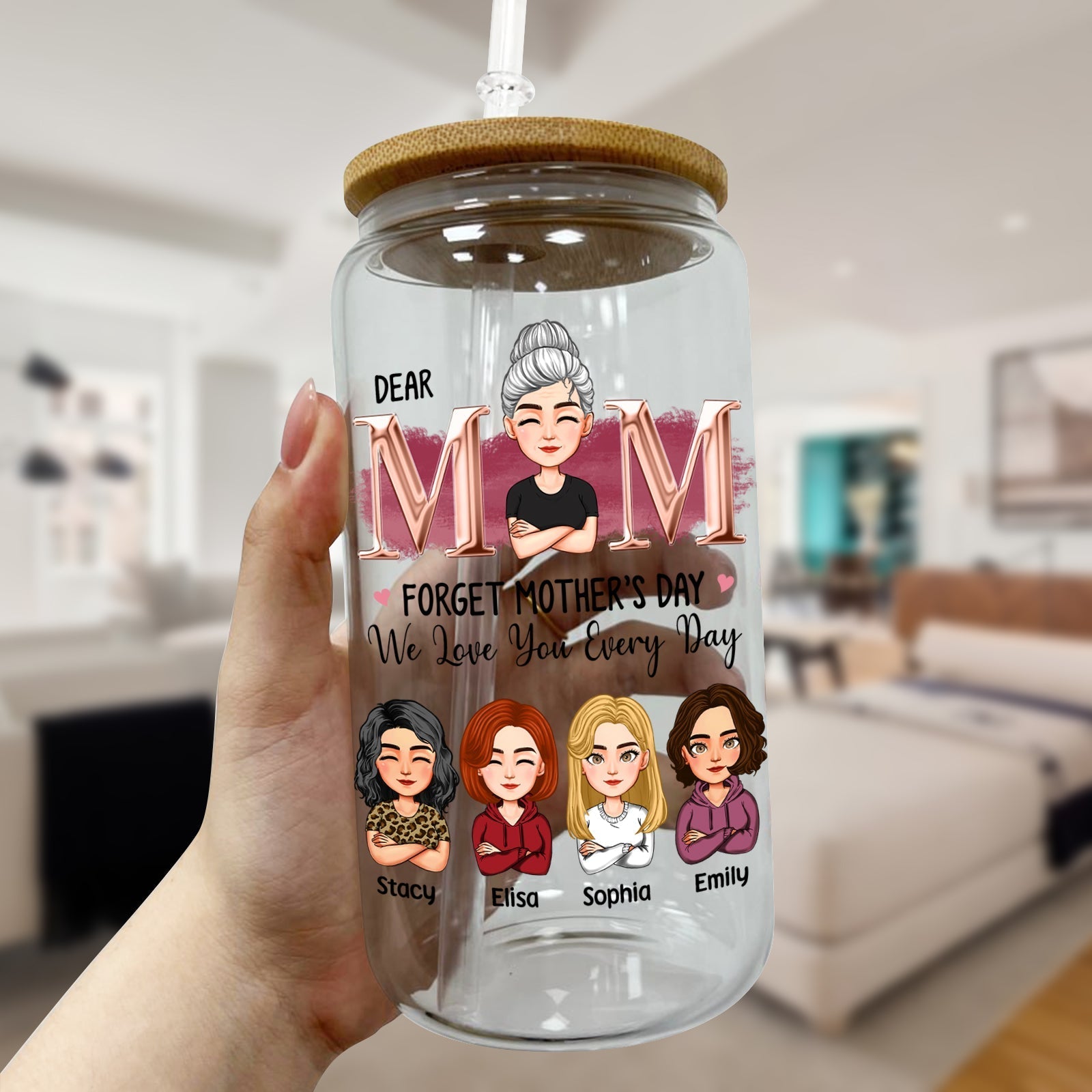 Personalized Mother's Day glass can with custom illustrations and heartfelt message for mom