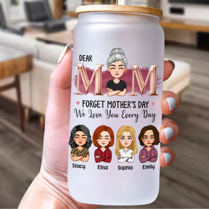 Personalized Mother's Day glass can featuring custom family illustrations and heartfelt message