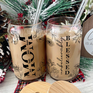 Personalized Mother's Day glass can featuring floral designs and the words Mom and Blessed