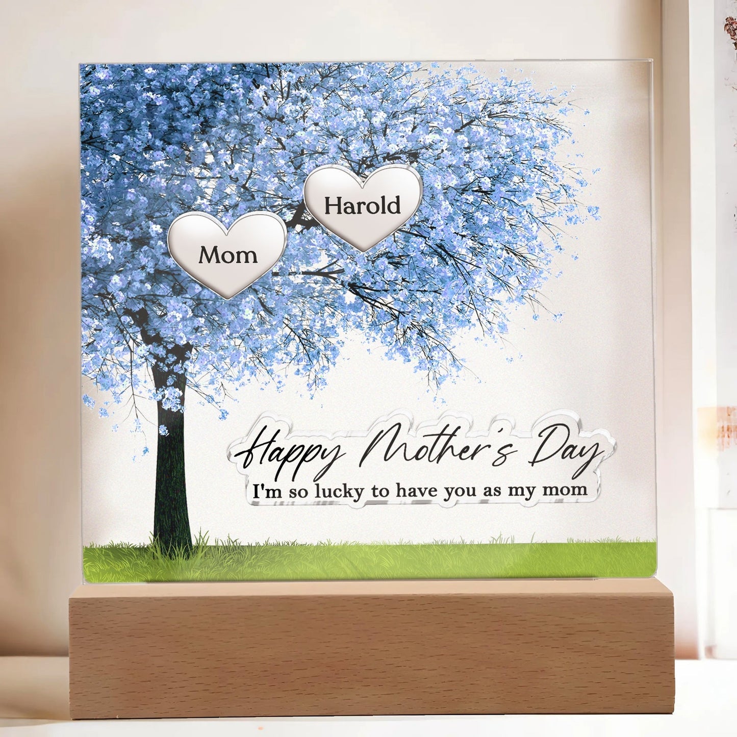 Personalized Mother's Day plaque featuring a tree design with hearts and the text Happy Mother's Day