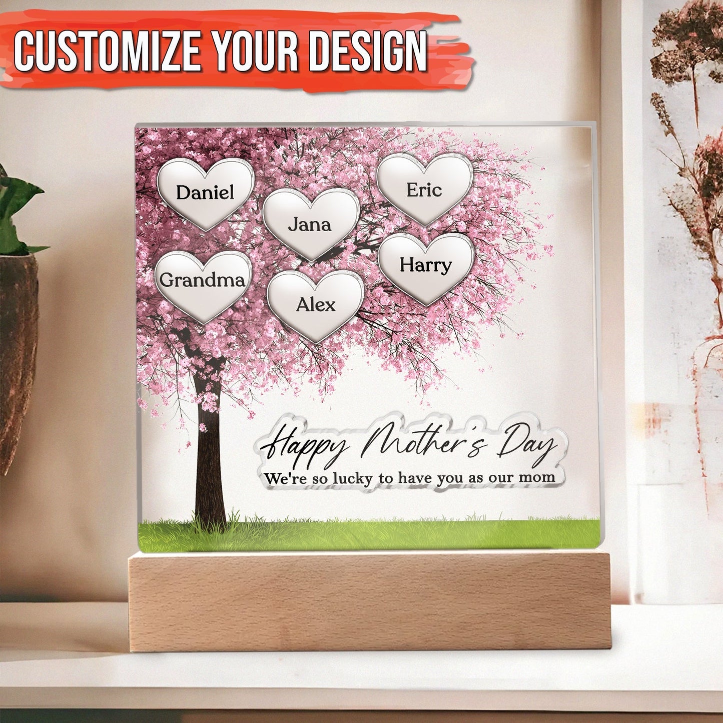 Personalized Mother's Day plaque featuring names and a beautiful tree design for a heartfelt gift