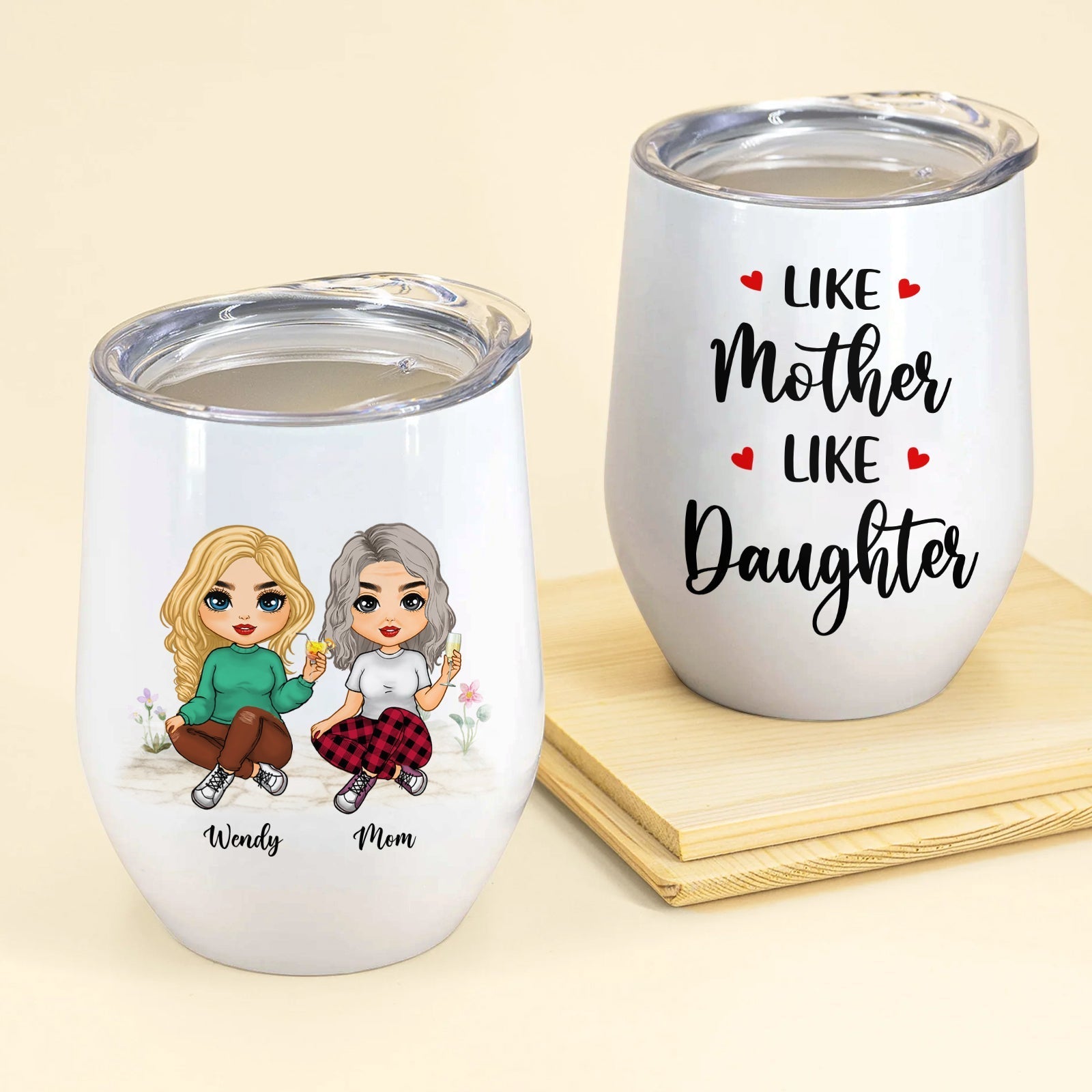 Personalized Mother's Day wine tumbler featuring cartoon characters and heartfelt messages