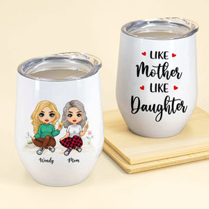 Personalized Mother's Day wine tumbler featuring cartoon characters and heartfelt messages