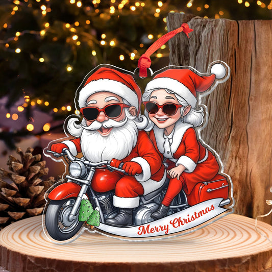 365Gifty personalized Mr and Mrs Claus ornament with Santa and Mrs Claus riding a motorcycle wearing sunglasses