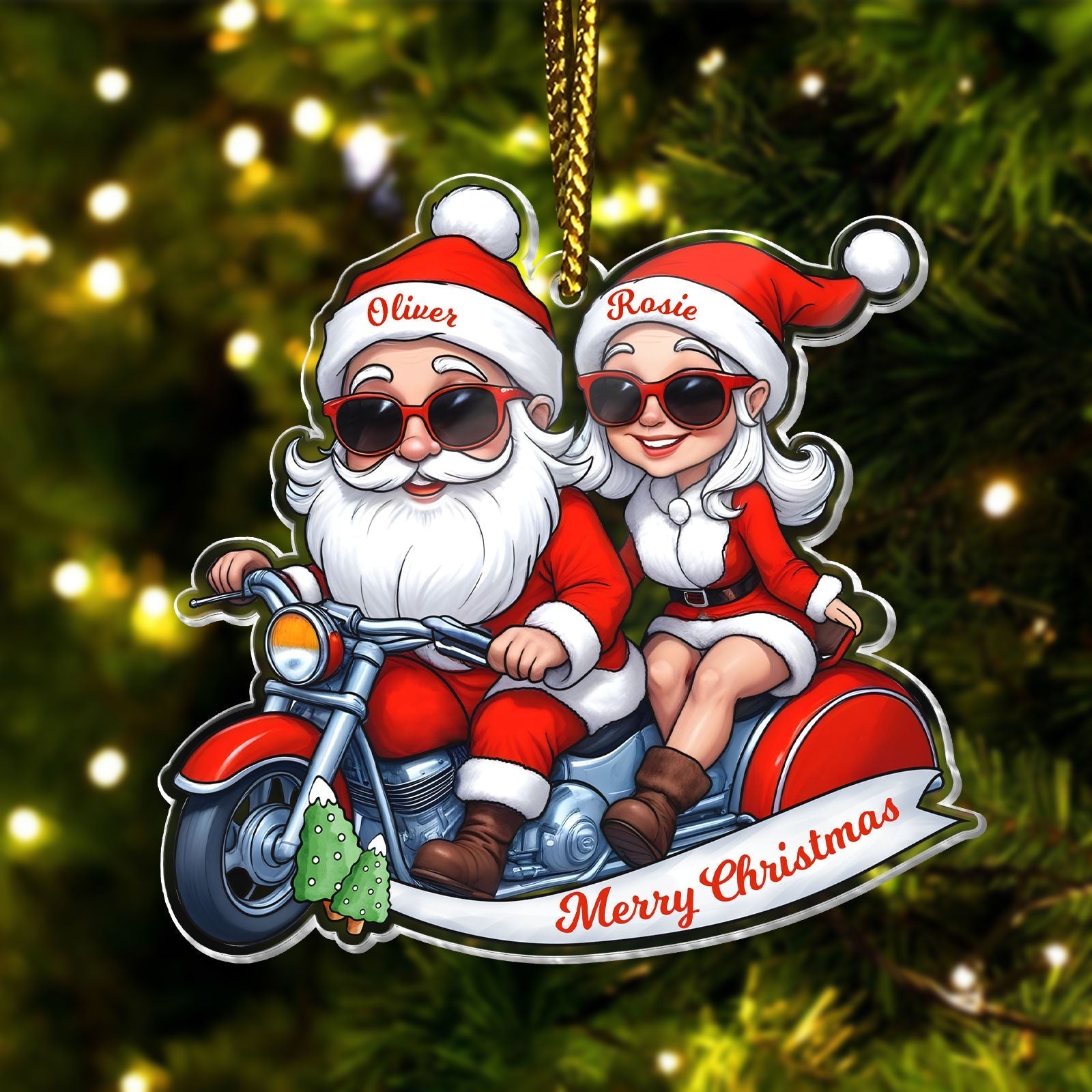 Personalized Mr and Mrs Claus ornament featuring Santa and Mrs Claus on a motorcycle with names Oliver and Rosie