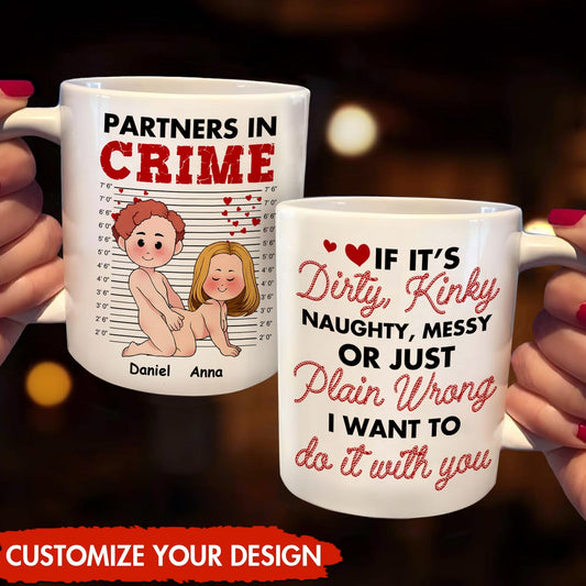 custom couple coffee mug set showing two white mugs with playful Partners in Crime cartoon and flirty quote design