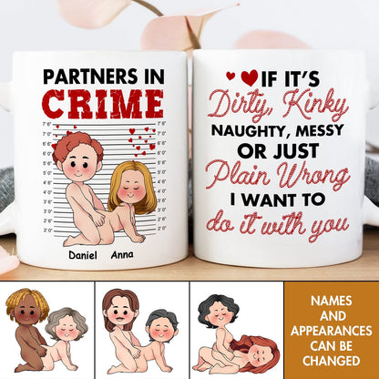custom couple coffee mug showing two white mugs with playful cartoon partners in crime design and risque quote and custom names