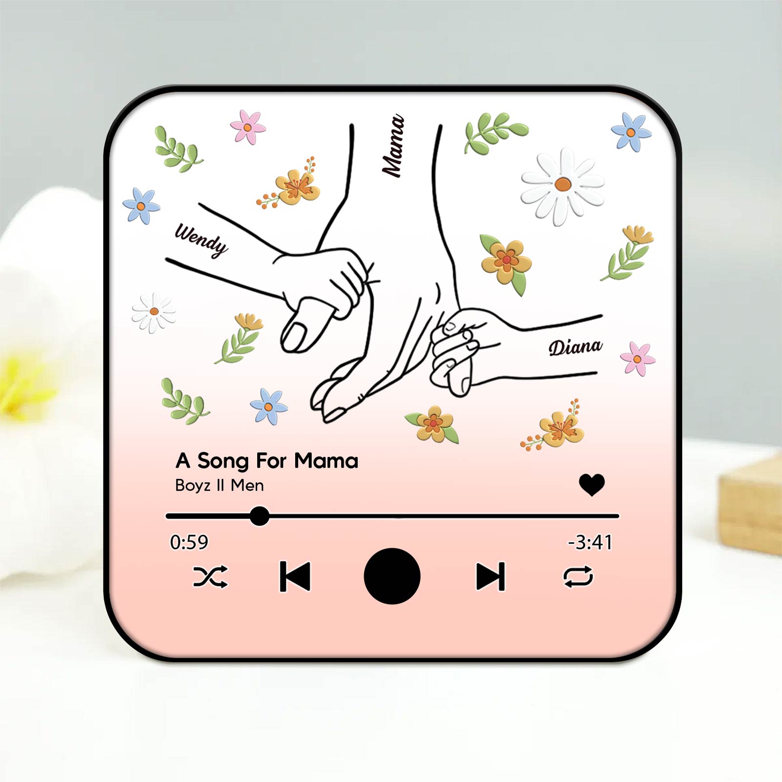 Personalized music magnet for mom featuring flower designs and sentimental message