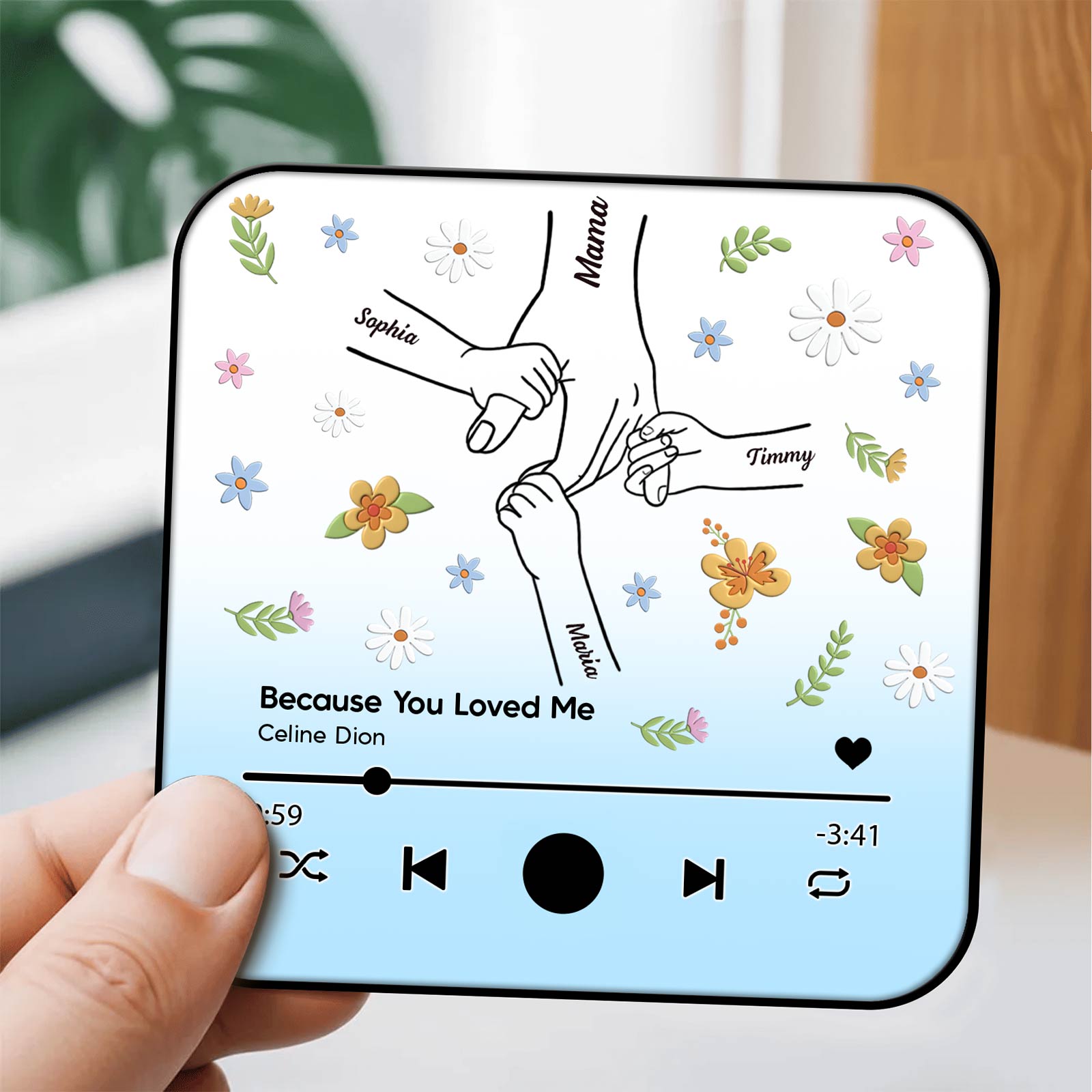 Personalized music magnet for mom featuring floral design and family names with song lyrics