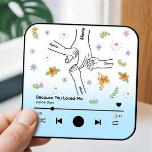 Personalized music magnet for mom featuring floral design and family names with song lyrics