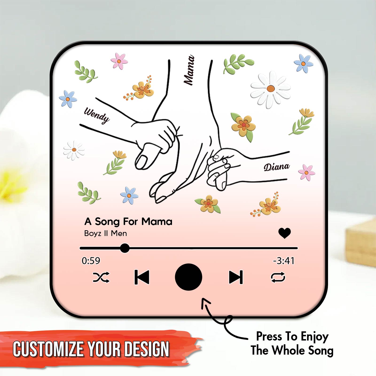 Personalized music magnet for mom with customizable design featuring hands and floral accents