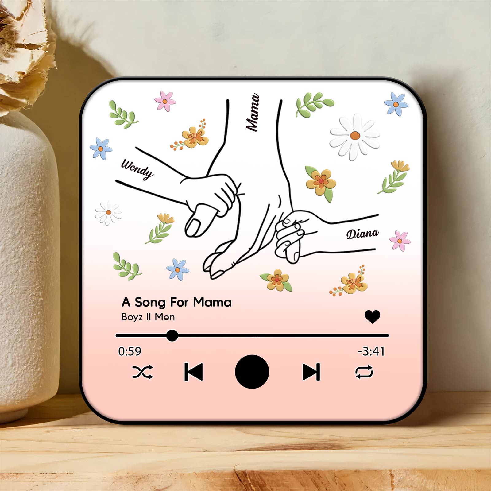 Personalized music magnet for mom featuring floral design and vivid text details