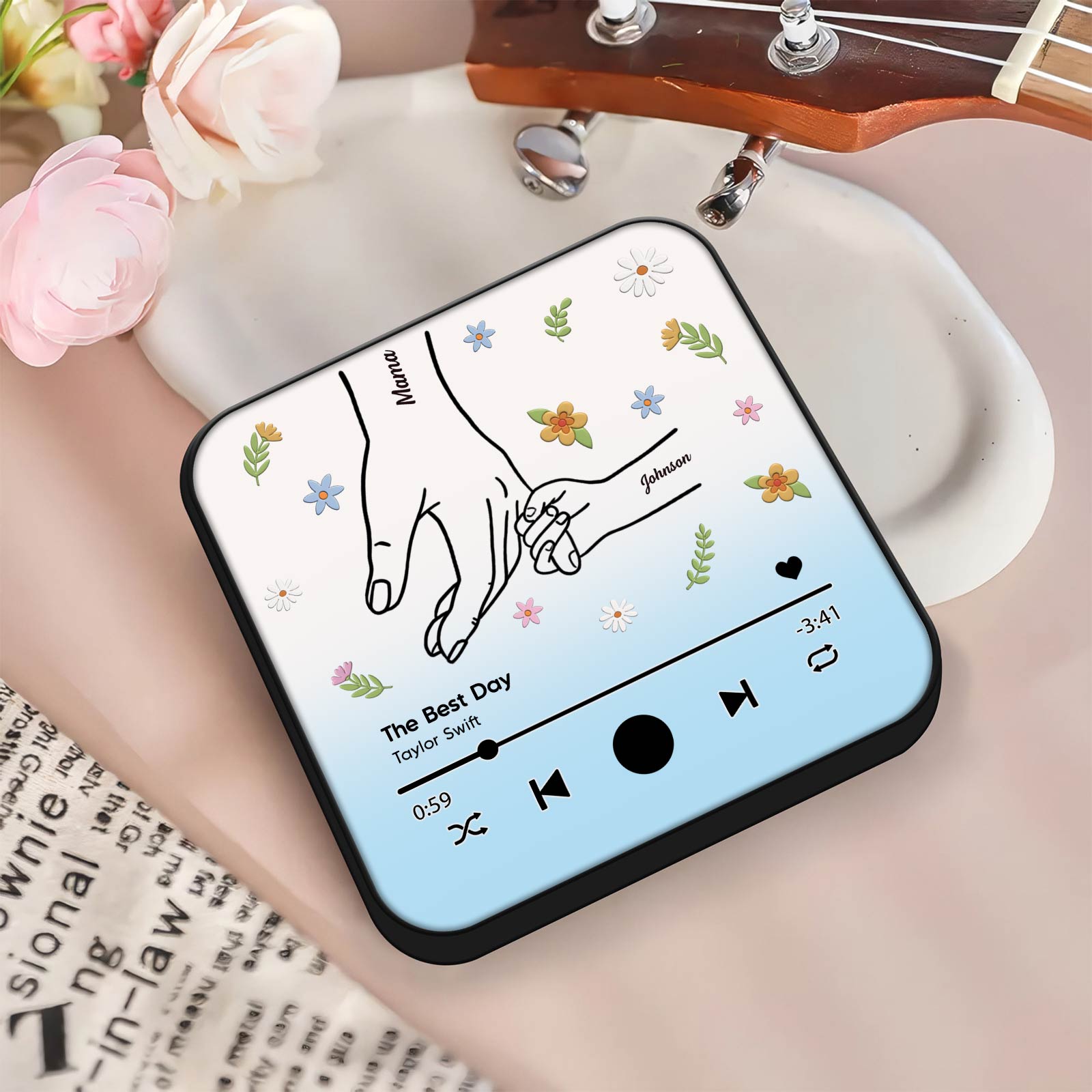 Personalized music magnet for mom featuring a floral design and song title The Best Day