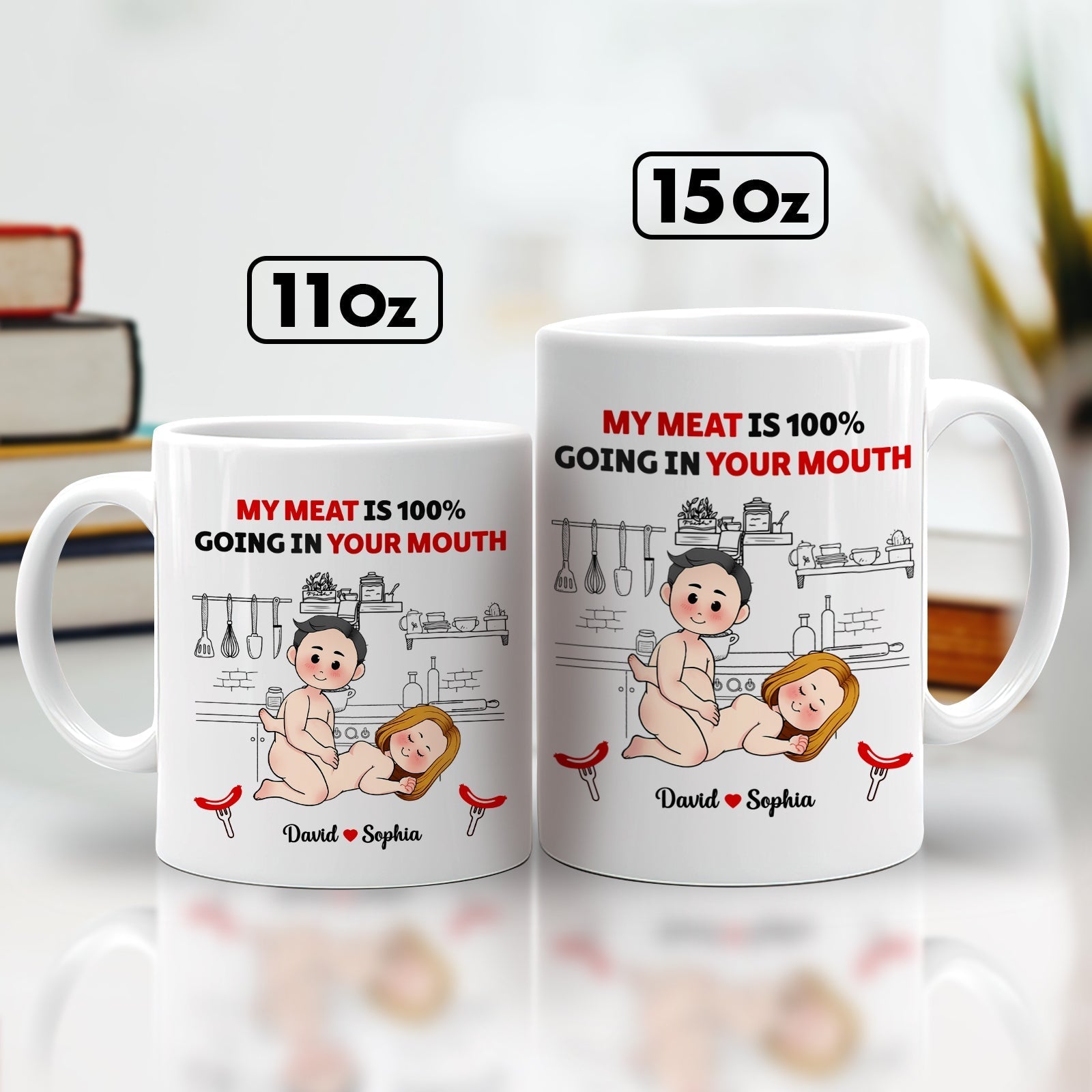 Personalized naughty anniversary mug featuring humorous kitchen design with playful text for couples