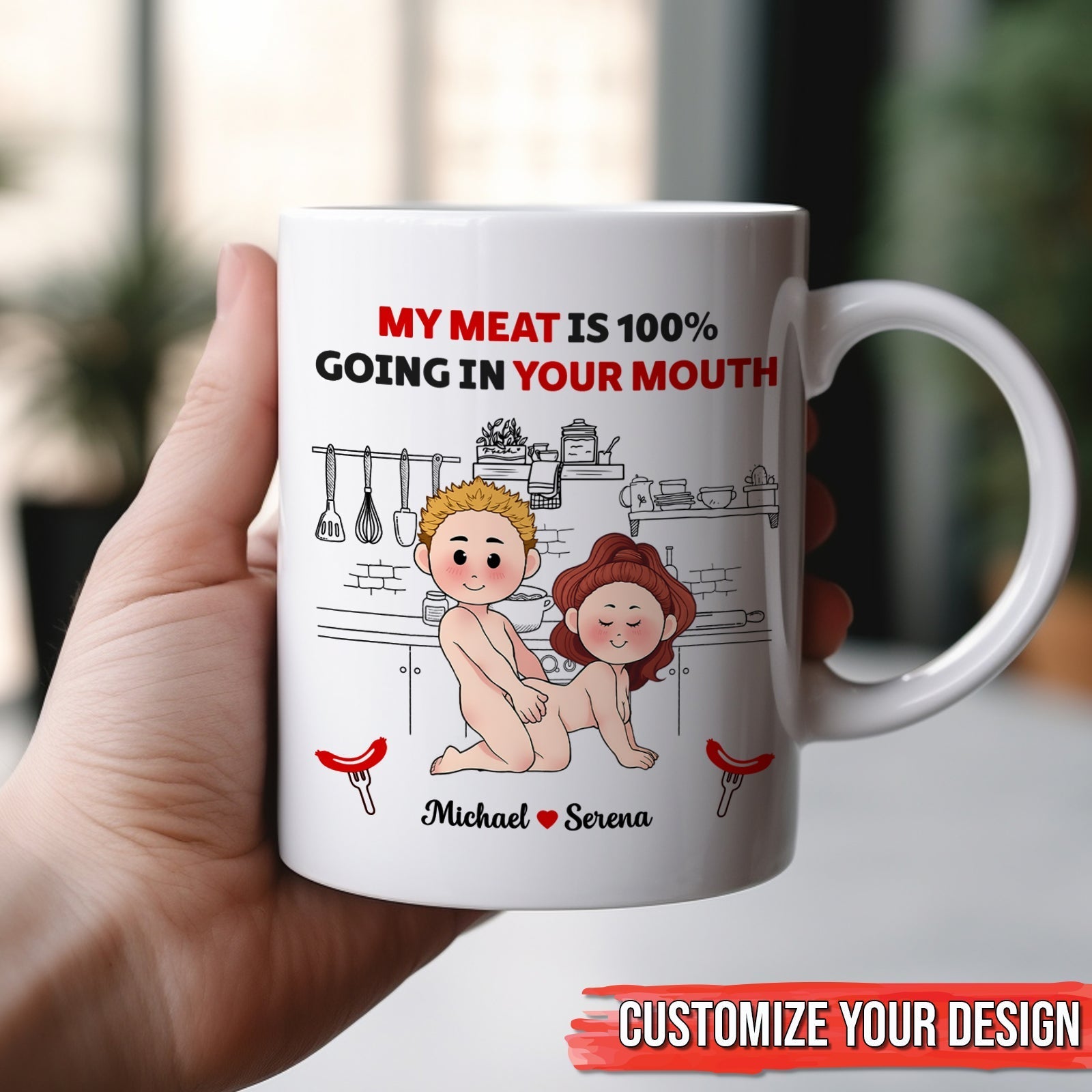 Personalized naughty anniversary mug featuring playful couple design and customizable text