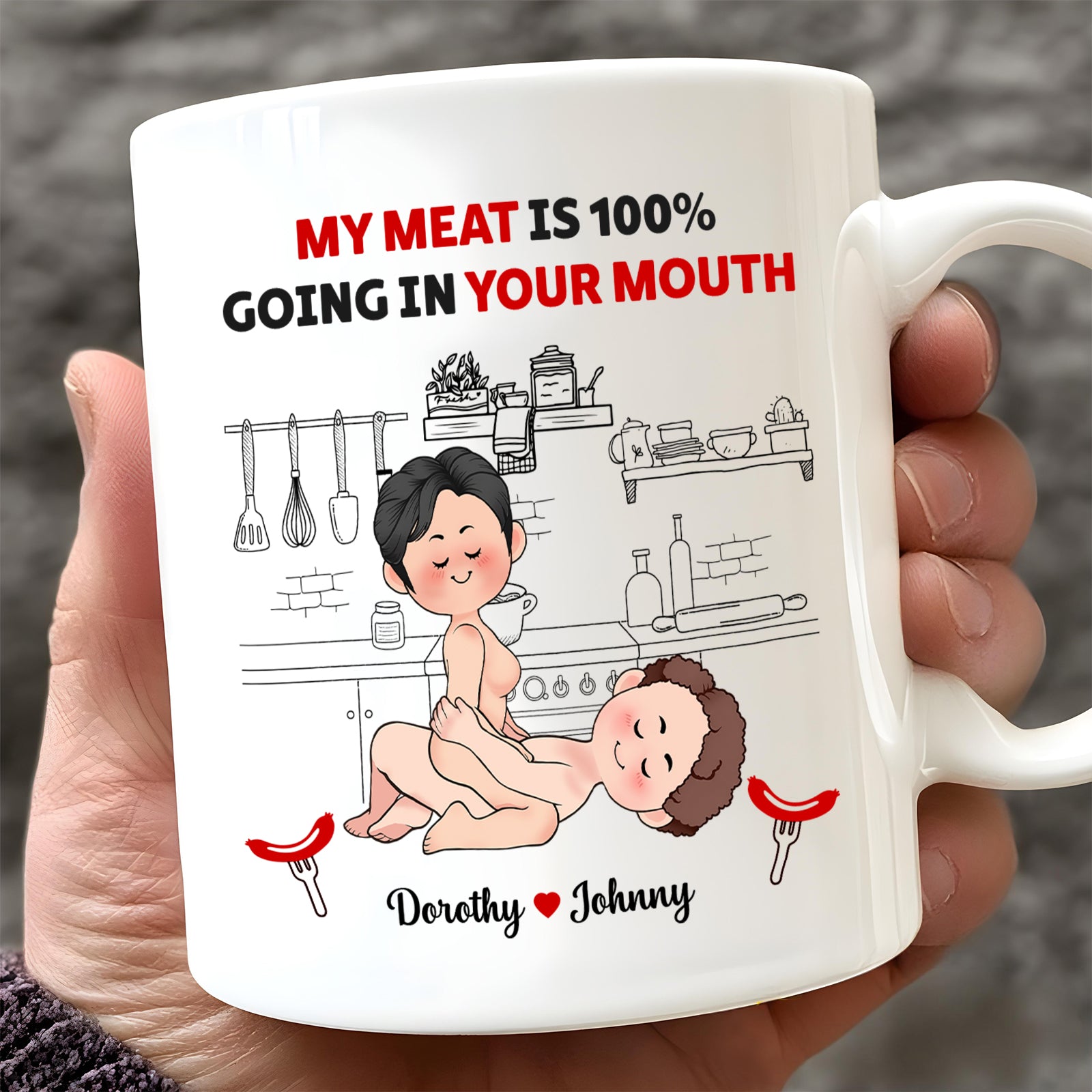 Personalized naughty anniversary mug featuring humorous cooking imagery and names Dorothy and Johnny
