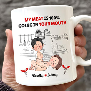 Personalized naughty anniversary mug featuring humorous cooking imagery and names Dorothy and Johnny