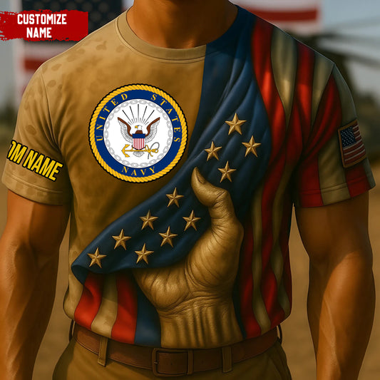 Personalized Navy veteran gift t-shirt with US Navy emblem and flag design featuring customizable name