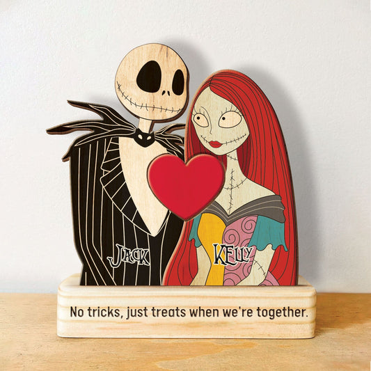 Personalized Nightmare Before Christmas puzzle featuring Jack and Sally with a red heart and wooden stand