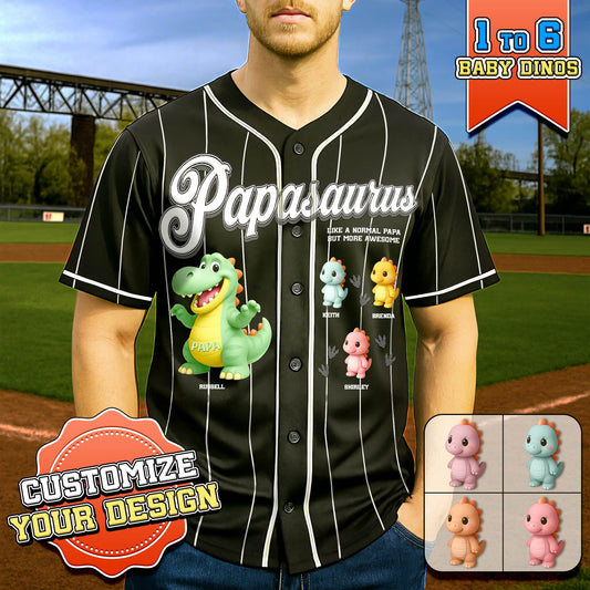 Black personalized papasaurus baseball shirt with cartoon dinosaur and customizable baby dinos design