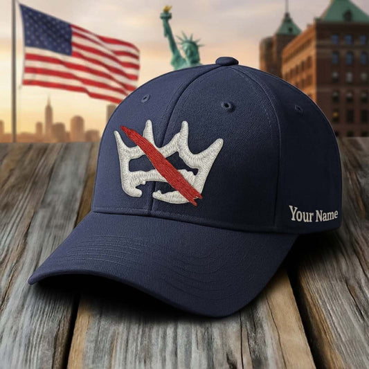 Personalized patriotic cap with custom name embroidery and symbolic design in navy blue