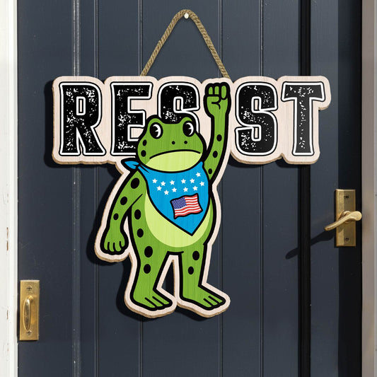 Personalized patriotic door sign featuring a cheerful frog with a blue bandana and the word RESIST
