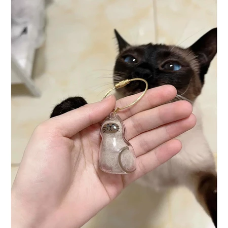 Personalized pet keepsake gift in a cat shape held by a hand with a Siamese cat in the background