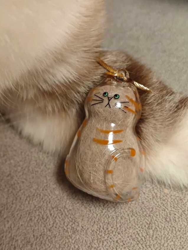 Handcrafted personalized pet keepsake gift featuring a cat in a glass ornament with fur details