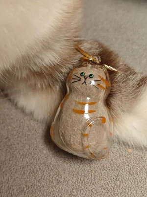 Handcrafted personalized pet keepsake gift featuring a cat in a glass ornament with fur details
