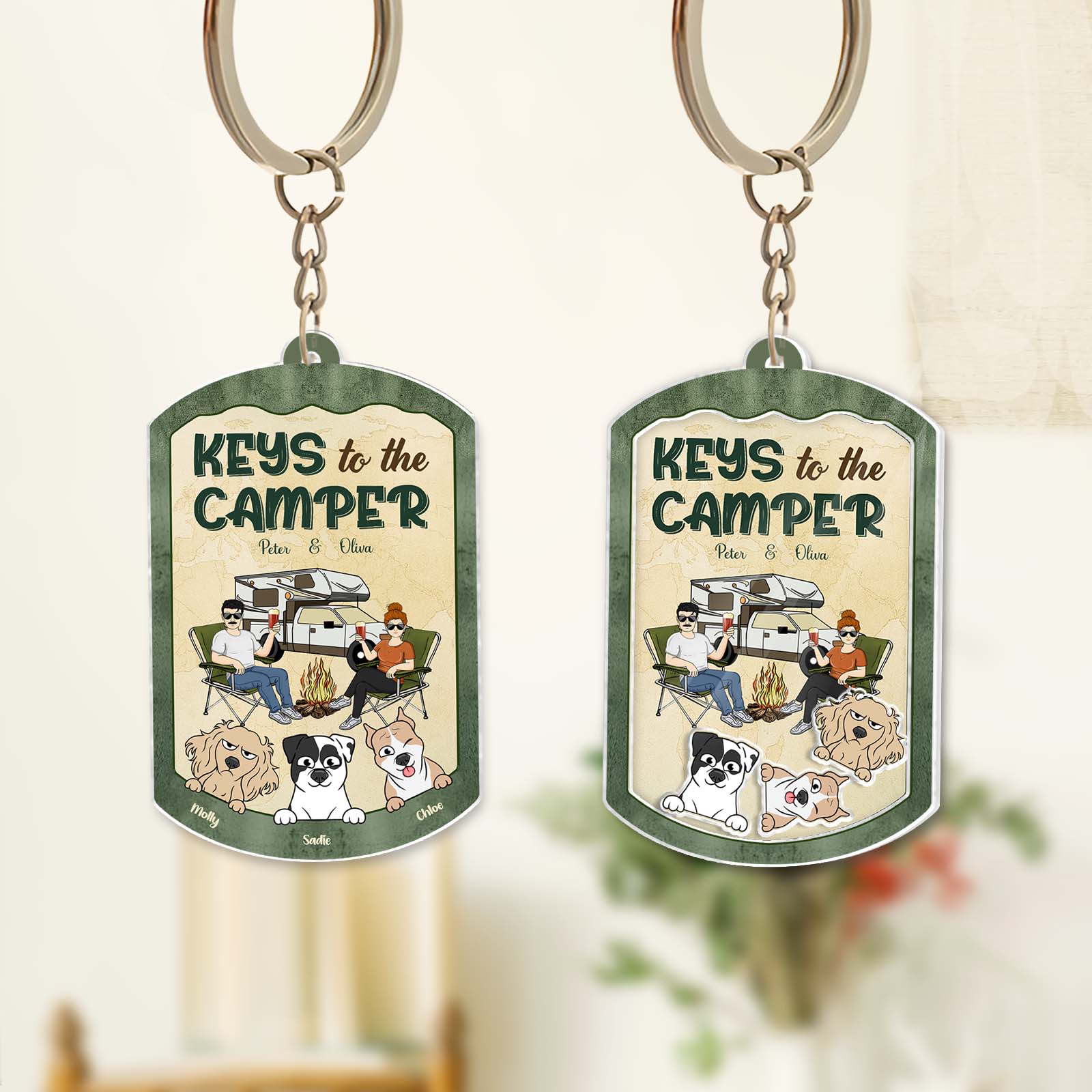 Personalized pet lover keychain featuring a camping scene with dogs and people around a fire