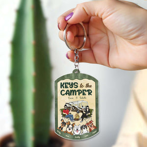 Personalized pet lover keychain featuring a camper design and various dog illustrations